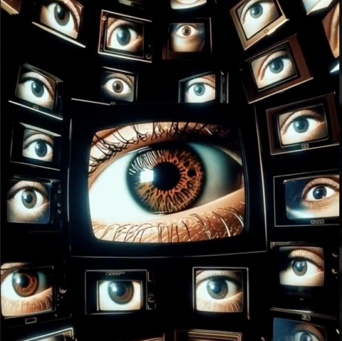 Parede de televisões exibindo olhos